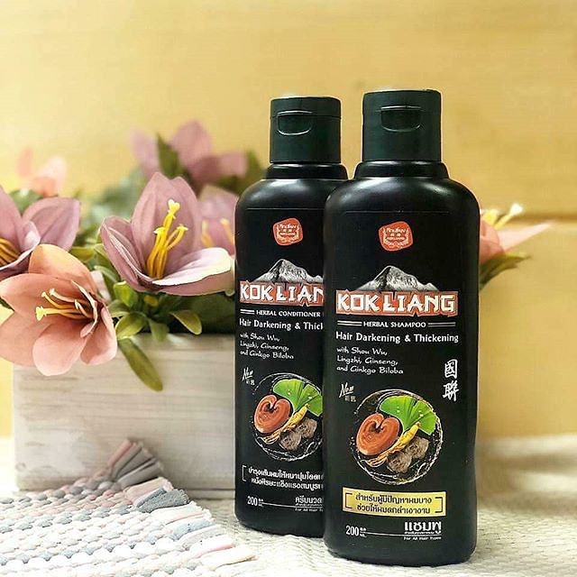 Натуральный шампунь и кондиционер от выпадения для темных волос Kokliang Hair Darkening & Thickening 200 мл. Таиланд